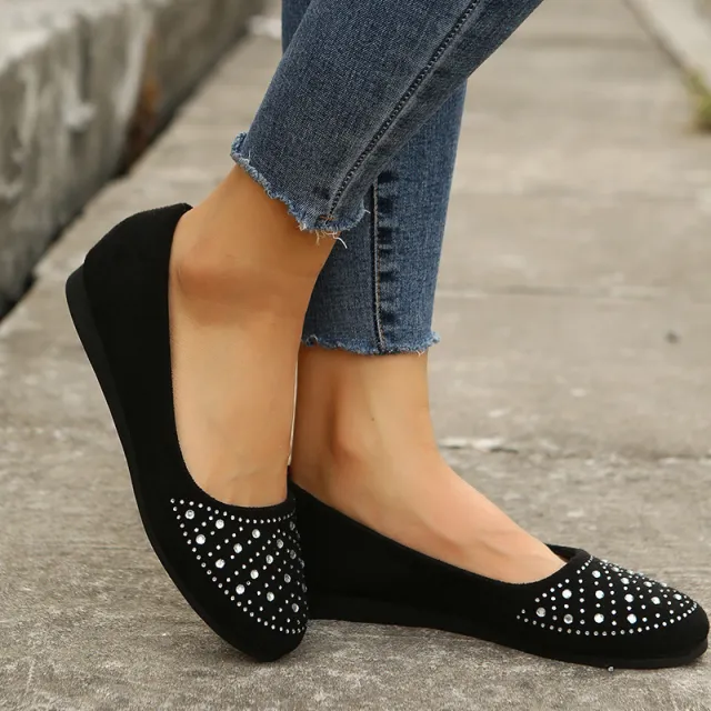 Women's Fashion Casual Flat Bottom Rhinestone Round Head Pumps Black - Shop at LoveMi