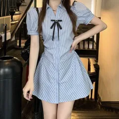 Striped Short Sleeve Dress Women's Summer Design Tight Waist Slimming Bow A- Line Skirt - Blue - View 1