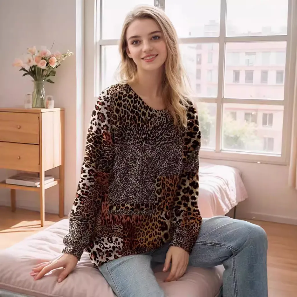 Animal Pattern Long Sleeve Pullover Round-neck Shirt - Color-Xxl