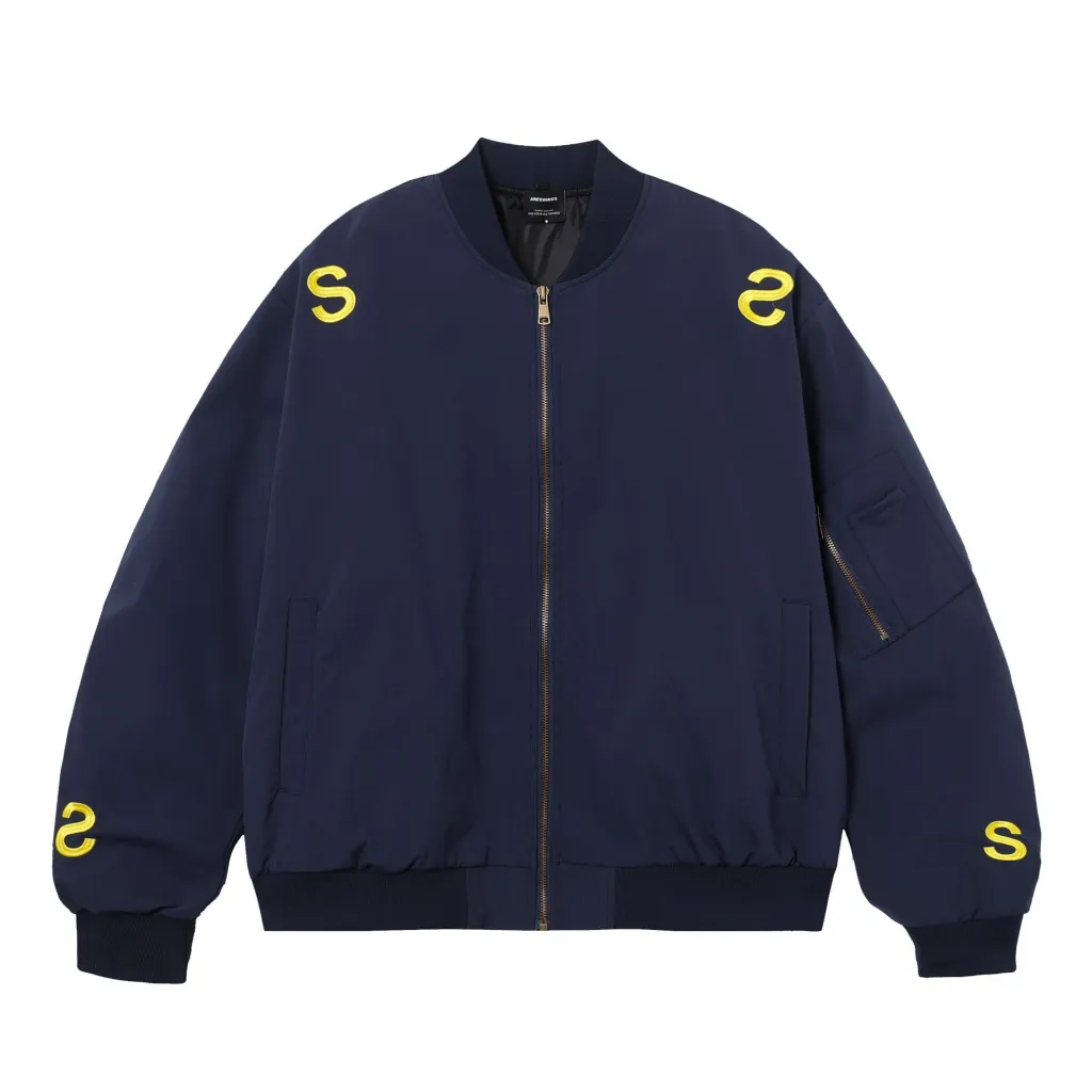 American Street Embroidered Letter Stand Collar Flight Jacket - Navy Blue