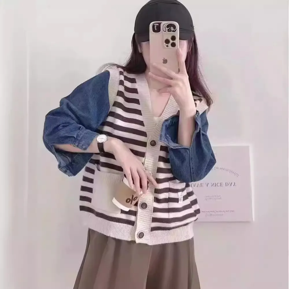 False Two-piece Patchwork Denim Sweater Coat Loose V-neck Striped Sweater