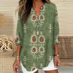 Small V-neck Long Sleeve Independence Day Floral Simple Casual Elegant T-shirt Long Sleeve - Floral - View 1