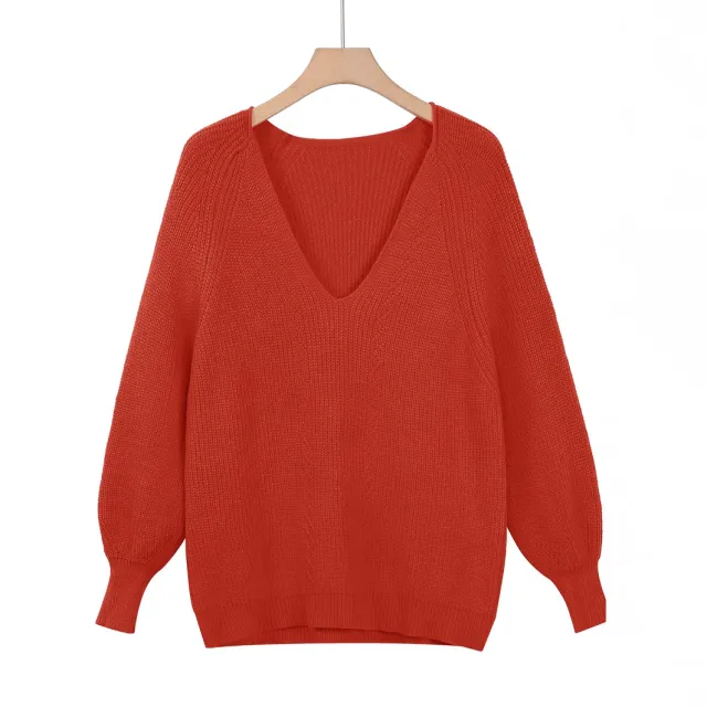 Autumn And Winter New Plus Size Loose Knitted V neck Solid Color Pullover Sweater Orange Red - Shop at LoveMi