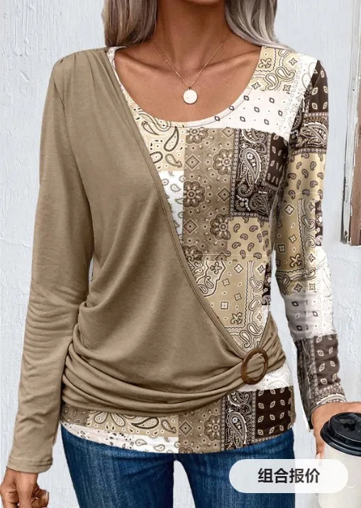 Printed Solid Color Stitching Casual Long Sleeve Shirt Brown - Shop at LoveMi
