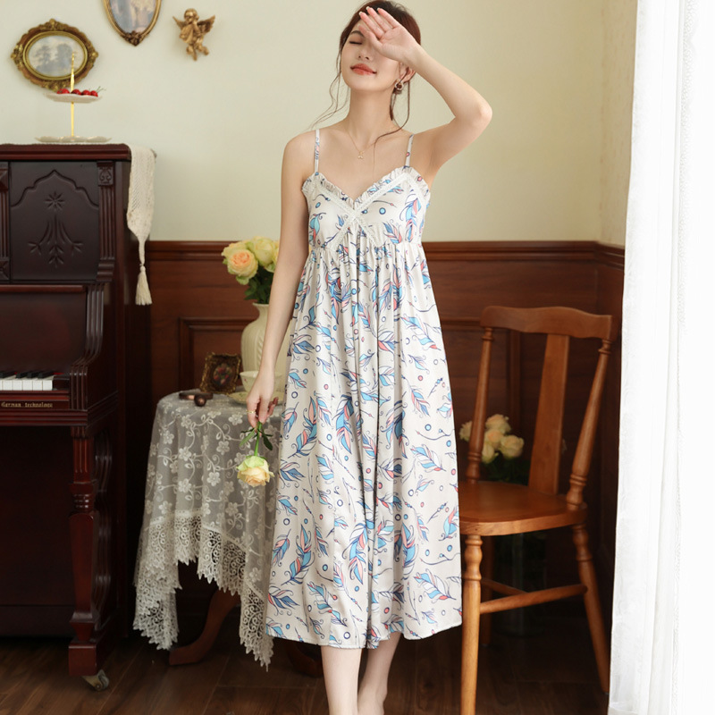 French style Long Nightgown With Built in Chest Pads Perfect For Wearing Outside Feather Pattern M - Shop at LoveMi