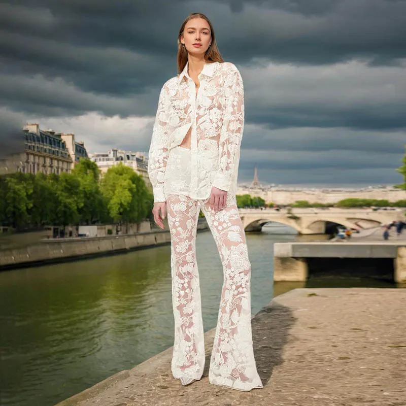 Women's Embroidered Transparent Shirt High Waist Trousers Suit - White