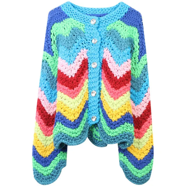 Heavy Handmade Thick Needle Woven Contrast Color Striped Top Loose Round Neck Long Sleeve Sweater Cardigan Color - Shop at LoveMi