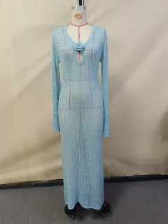 Knitted Pullover V-neck A- Line Skirt Dress - Blue - View 1