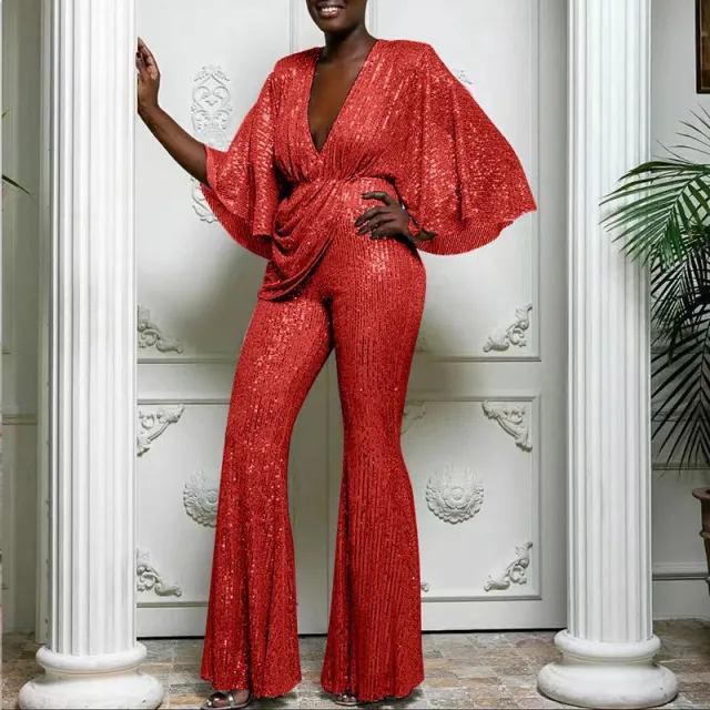 Sequined Deep V neck And Backless Jumpsuit Trousers Red - Shop at LoveMi