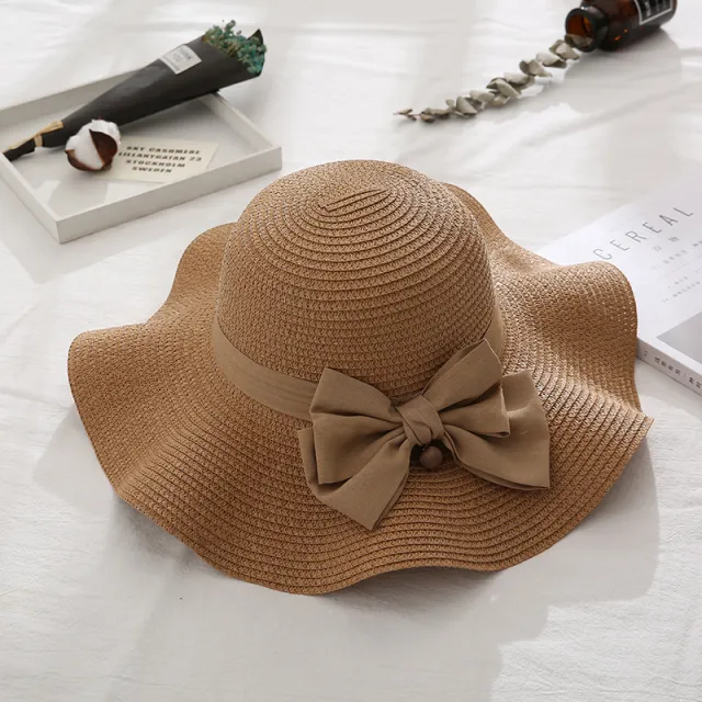 Women's Korean style Bowknot Pearl Straw Hat Bow Pearl Light Coffee Color - Shop at LoveMi