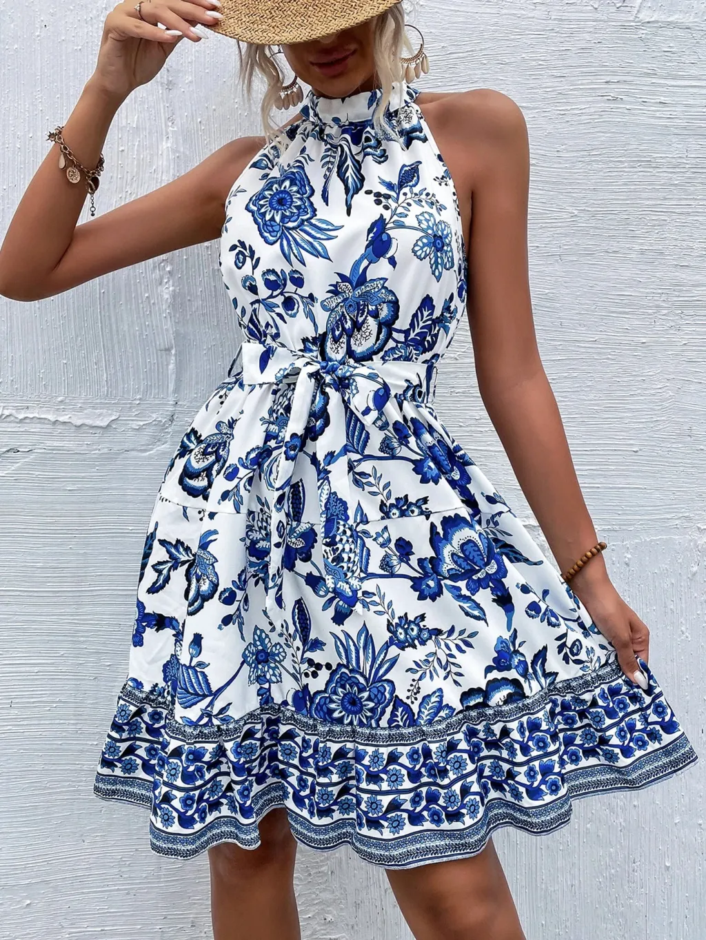 Fashion Floral Halter Waist Ladies Dress - Blue Pattern