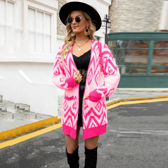Retro Cardigan Rhombus Mid length Cardigan Jacket Rose Red - Shop at LoveMi