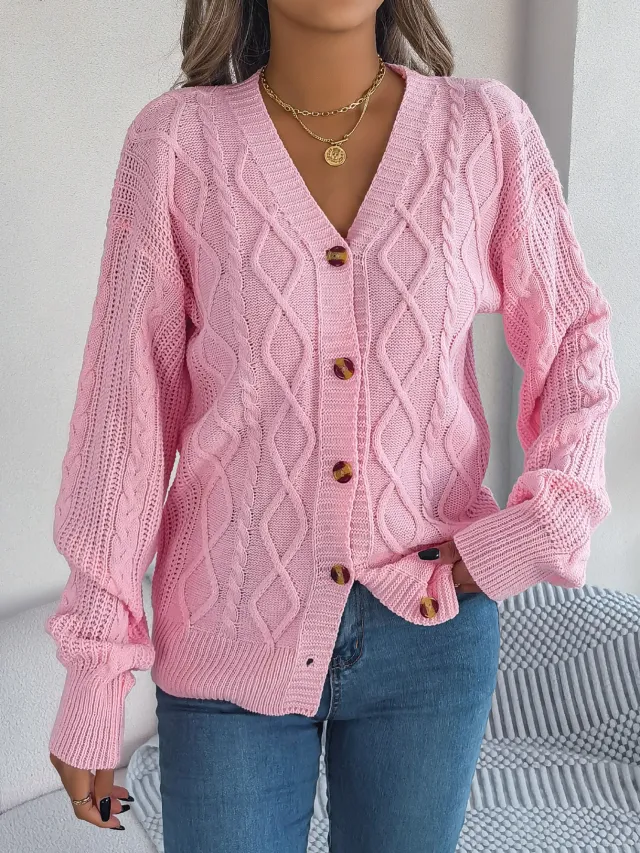 V neck Lantern Sleeve Twist Button Women's Sweater Coat Pink - Shop at LoveMi