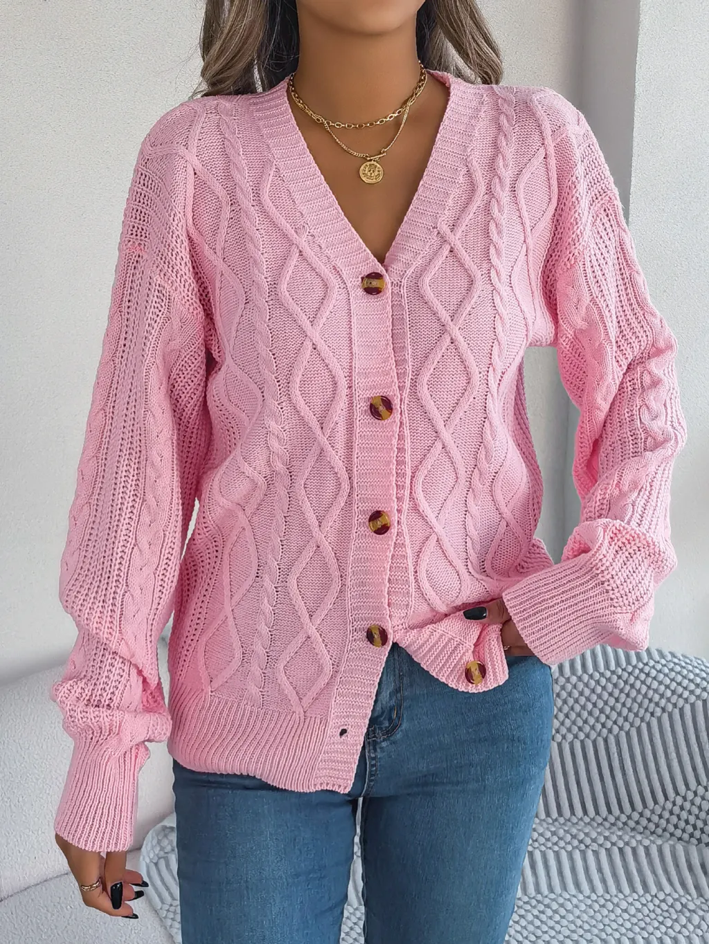 V-neck Lantern Sleeve Twist Button Women's Sweater Coat - Pink