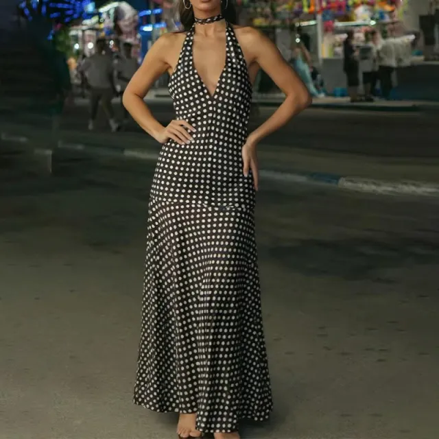 Women's Black Polka Dot Halterneck Backless Dress Black - Shop at LoveMi