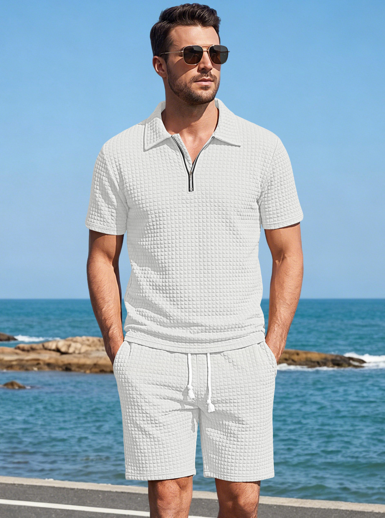 Mens Solid-Color Short-Sleeve T-Shirt And Shorts Casual Sports Set
