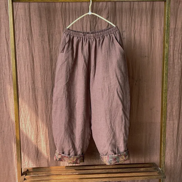 Retro Artistic Stone Washed Linen Quilted Baggy Pants Brown - Shop at LoveMi