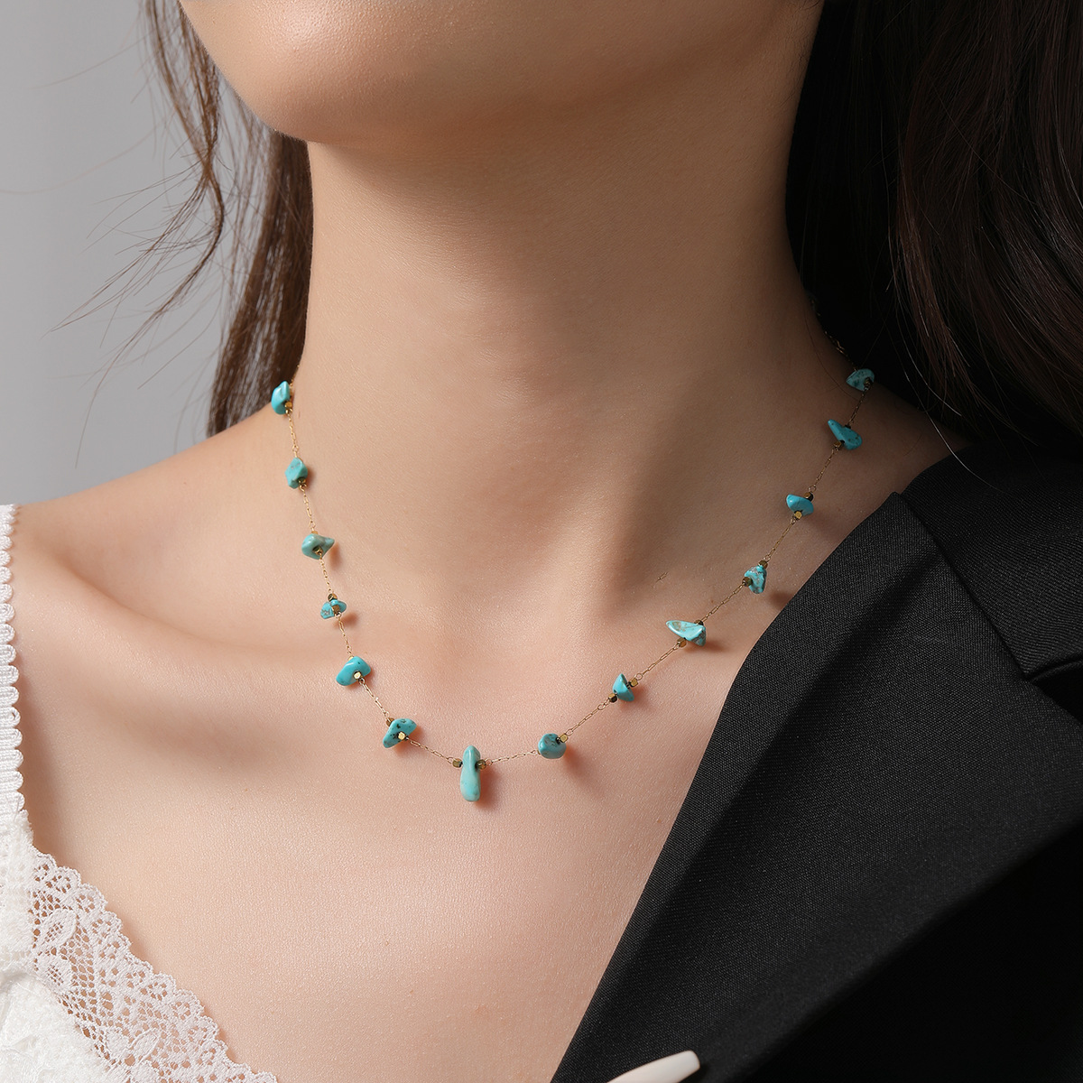 Stainless Steel Natural Turquoise Necklace