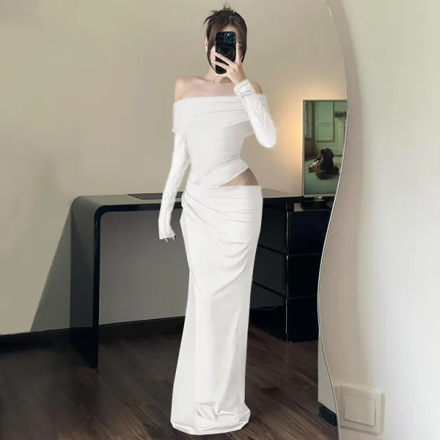 Spring New Off shoulder Mesh Stitching Long Sleeves Hollow Dress Women White - Shop at LoveMi