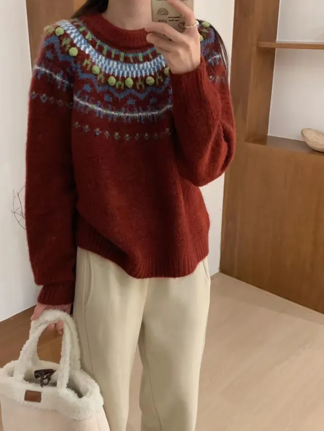 Red Christmas Style Sweater Women's Retro Contrast Color Round Neck Loose Red - Shop at LoveMi