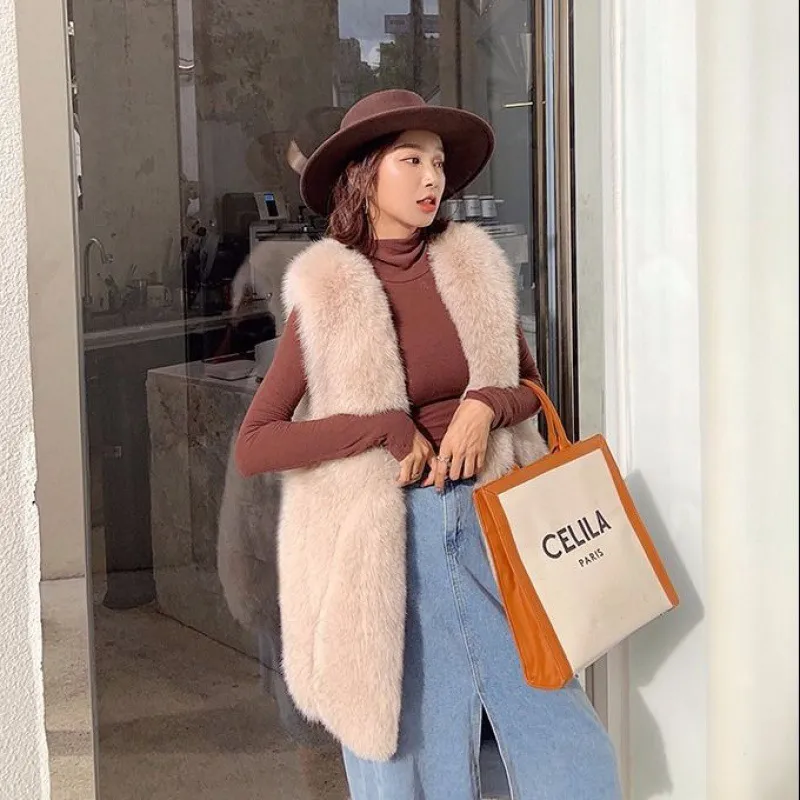 Faux Fur Vest Women's Mid-length Vest Coat - M Apricot