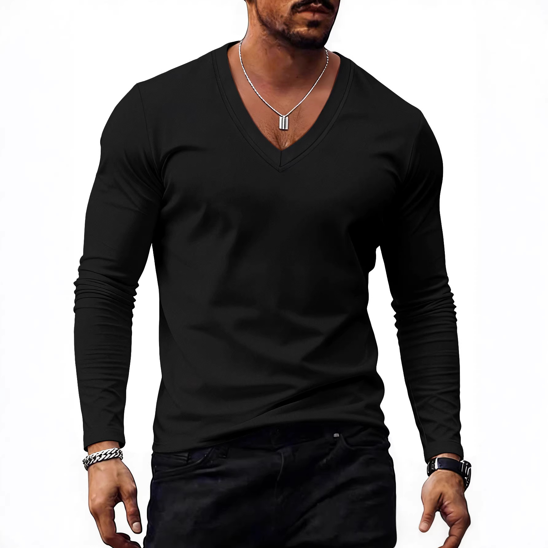 Mens Solid-Color Plus-Size Casual V-Neck T-Shirt