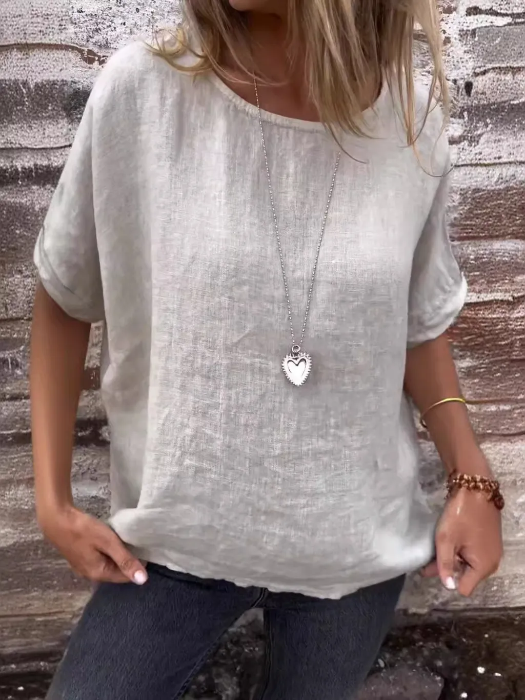 Women's Round Neck Long Sleeve Cotton And Linen Loose-fitting T-shirt Top - Milky White