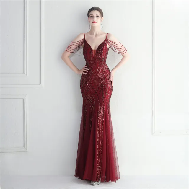 Mesh Beaded Bridal Wedding Dinner Long Camisole Evening Gown Wine - Shop at LoveMi