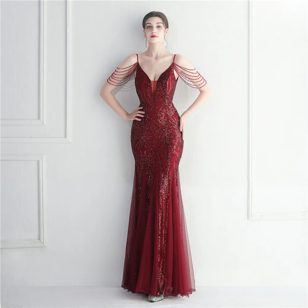 Mesh Beaded Bridal Wedding Dinner Long Camisole Evening Gown - Wine