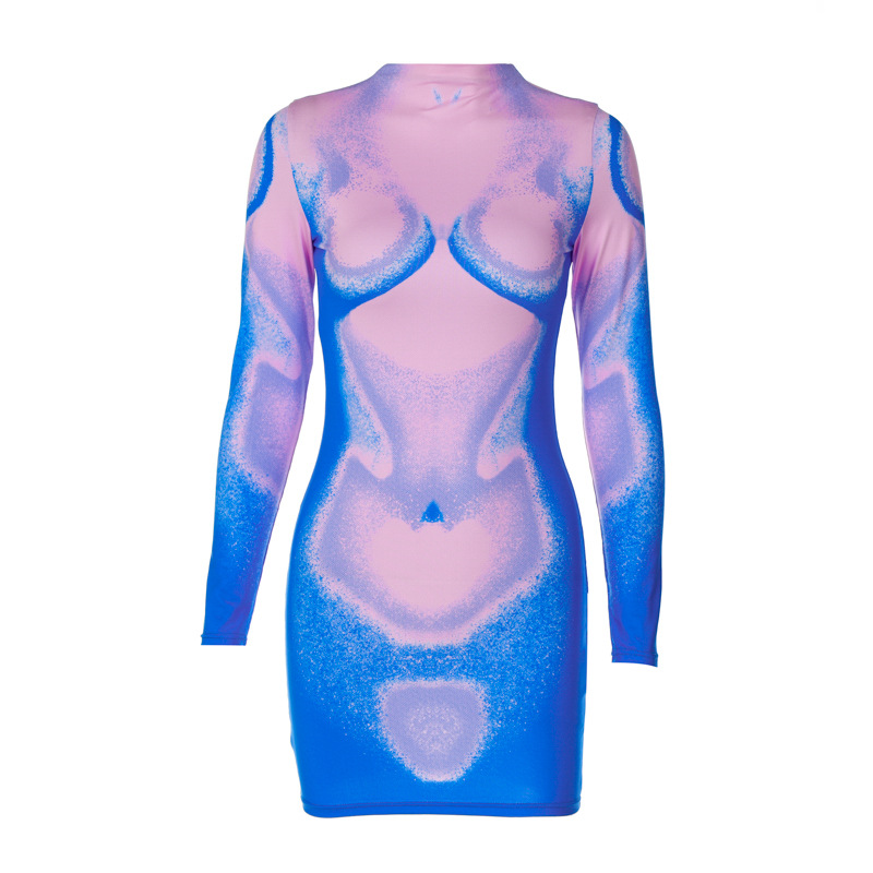 Printed Slim-fit Round Neck Sheath Long-sleeved Dress