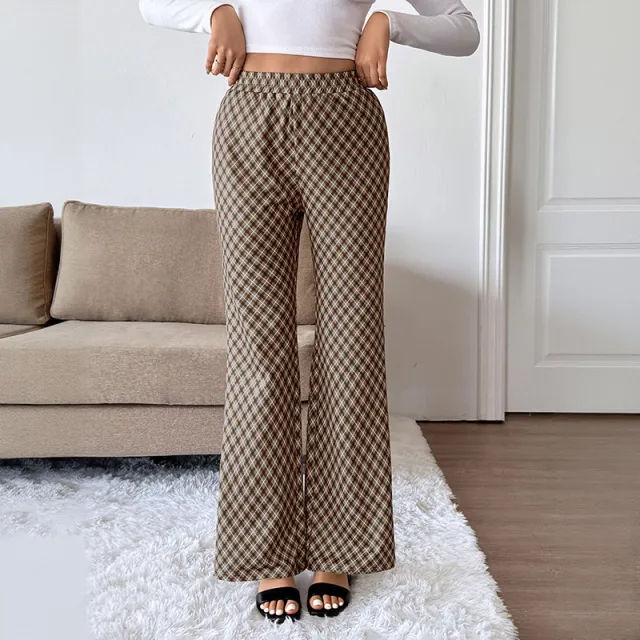 Fashion Commuter Plaid Slightly High Slimming Trousers Women Brown - Shop at LoveMi