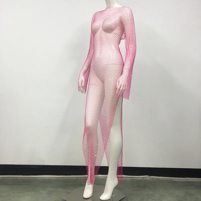 Women's Mesh Rhinestone Fishnet Sexy Slit Fishnet Dress - Rose