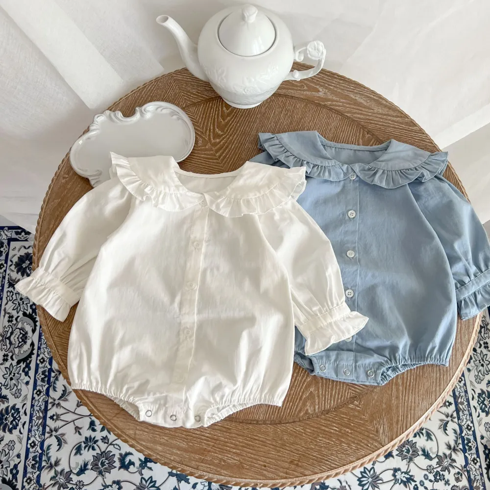 Baby Girl Solid Color Long-sleeve Jumpsuit Lace Doll Collar Onesie