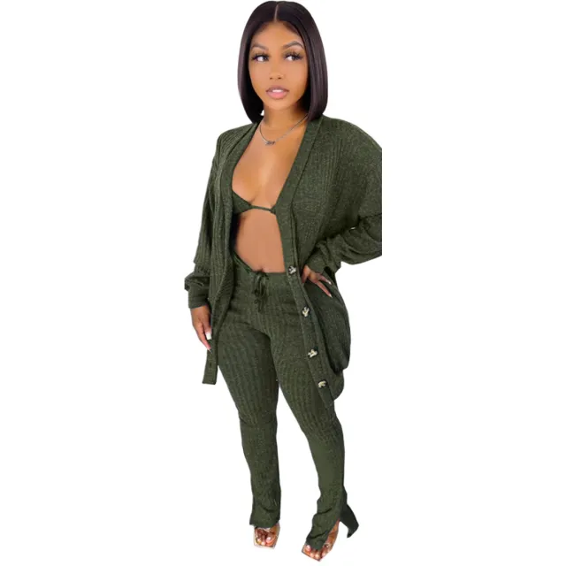 Sweater Coat Underwear Pocket 3 piece Set Suit Olive Green - Shop at LoveMi