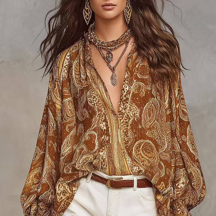 New Versatile Retro-print Long-sleeve Loose-fit Blouse, Womens Shirt