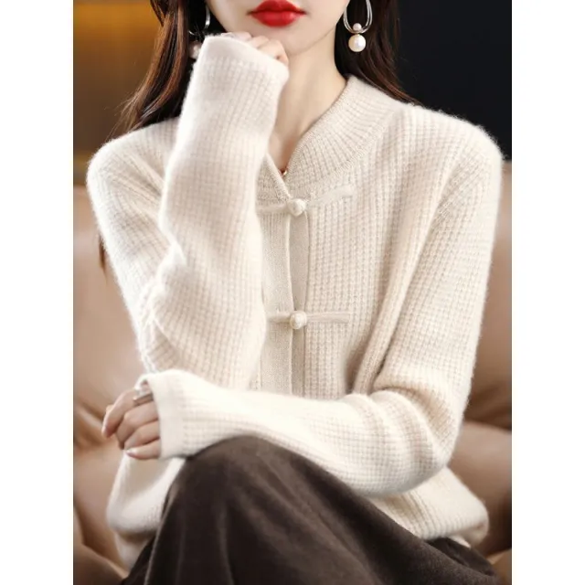 Vintage Buckle Mock Neck Sweater Coat Beige - Shop at LoveMi