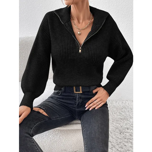 Women's Zipper Pullover Solid Color Loose Casual Long Sleeves Sweater Black - Shop at LoveMi