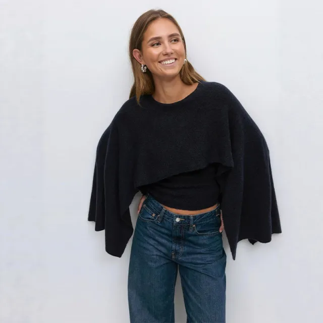 Women's Loose Round Neck Cape Shawl Top Knitted Sweater Black - Shop at LoveMi