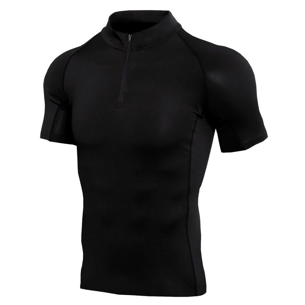 Men's Stand Collar Zipper Fitness Short Sleeve Training Running Stretch T-shirt - 2