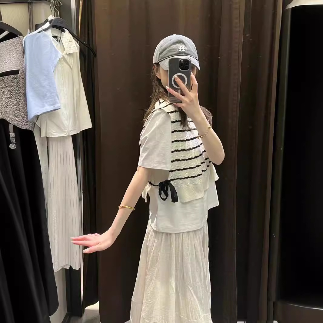 Round Neck Knitted Stitching Fake Two-piece Stripes Short Sleeve T-shirt Top