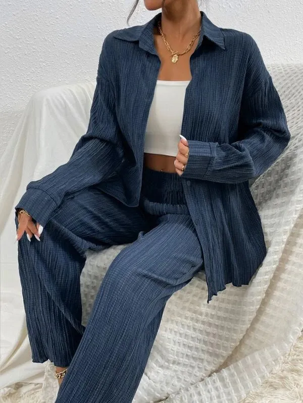 Women's Shirt Collar Loose Cardigan Long sleeve Suit Blue - Shop at LoveMi