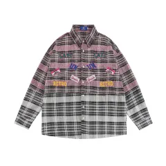 Plaid Coat Women's Spring And Autumn High Street Fashionable Design Stitching Embroidered Letter Long Sleeve Shirt - Pink - View 1