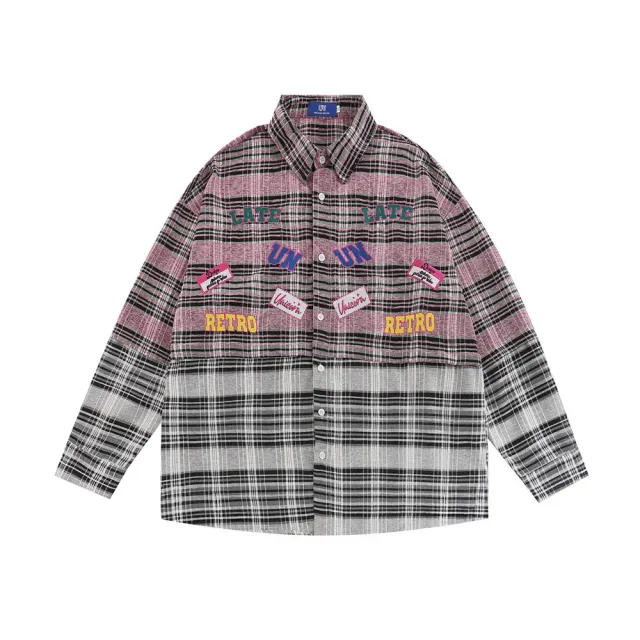 Plaid Coat Women's Spring And Autumn High Street Fashionable Design Stitching Embroidered Letter Long Sleeve Shirt Pink - Shop at LoveMi
