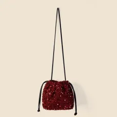 Drawstring Pull String Shoulder Bag Women's Starry Sequins - Red - View 1