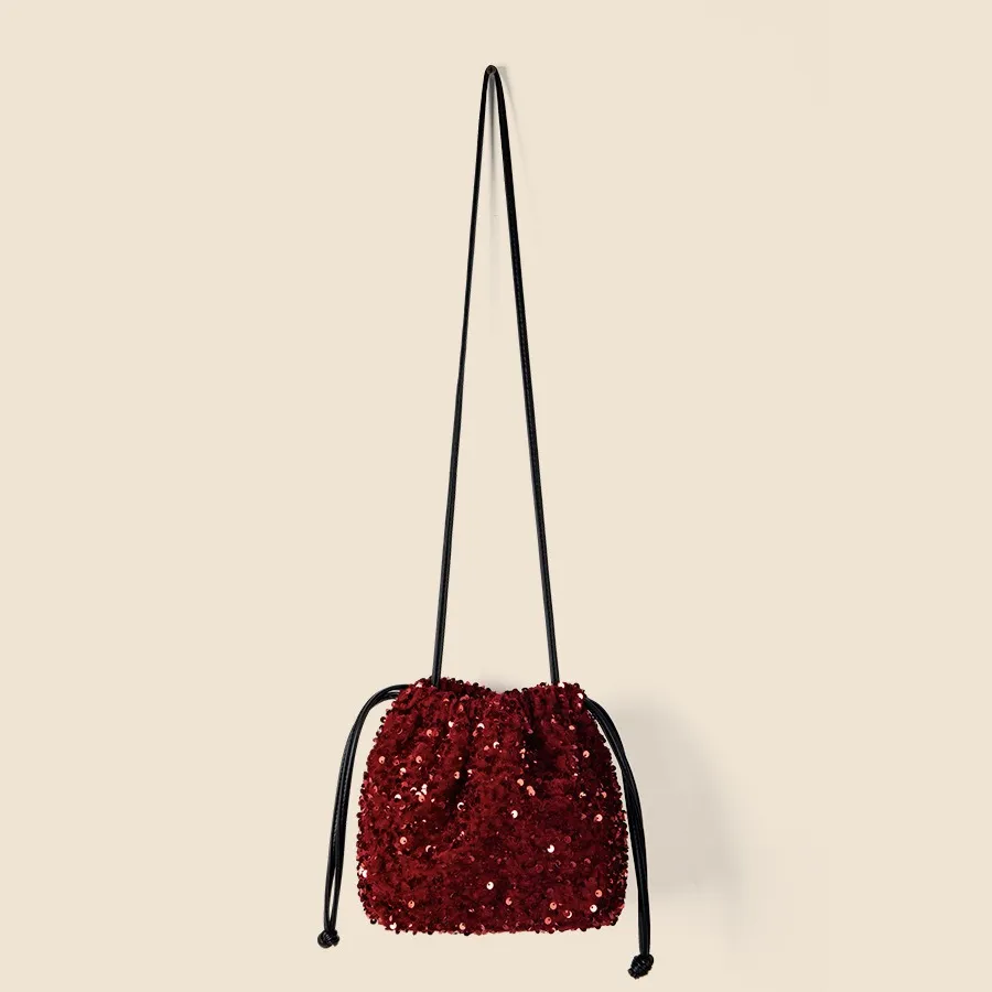 Drawstring Pull String Shoulder Bag Women's Starry Sequins - Red