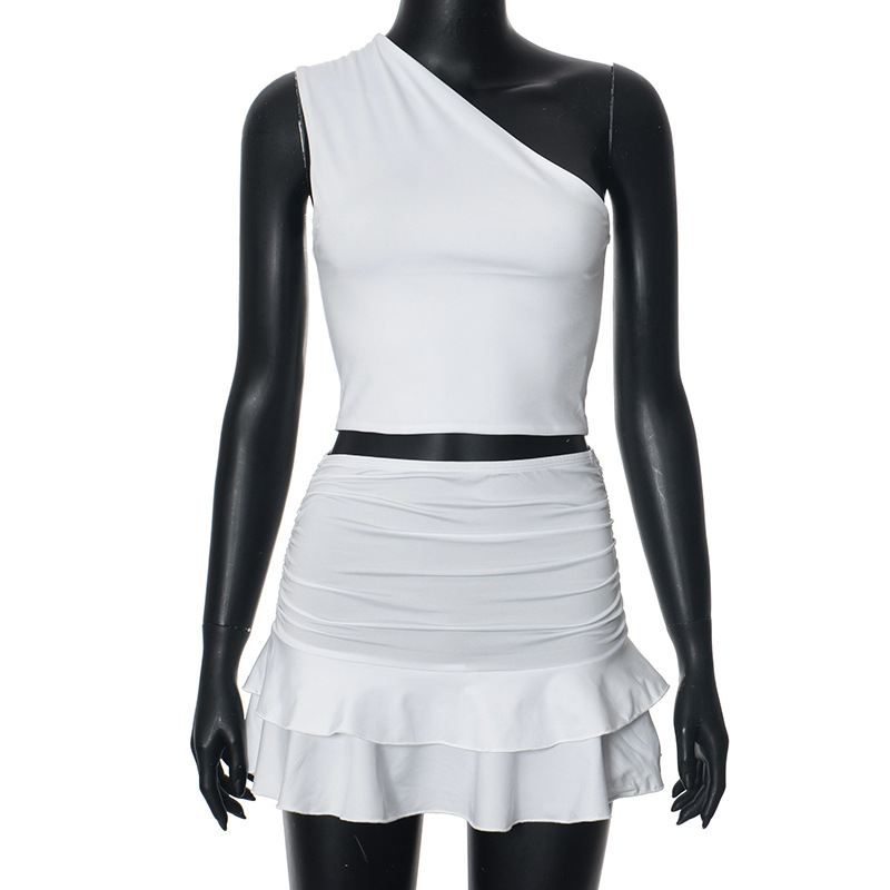 European And American Solid Color Shoulder Simple Sleeveless Top Pleated Hip Skirt Outfit White - Shop at LoveMi