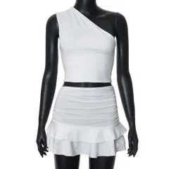 European And American Solid Color Shoulder Simple Sleeveless Top Pleated Hip Skirt Outfit - White - View 1