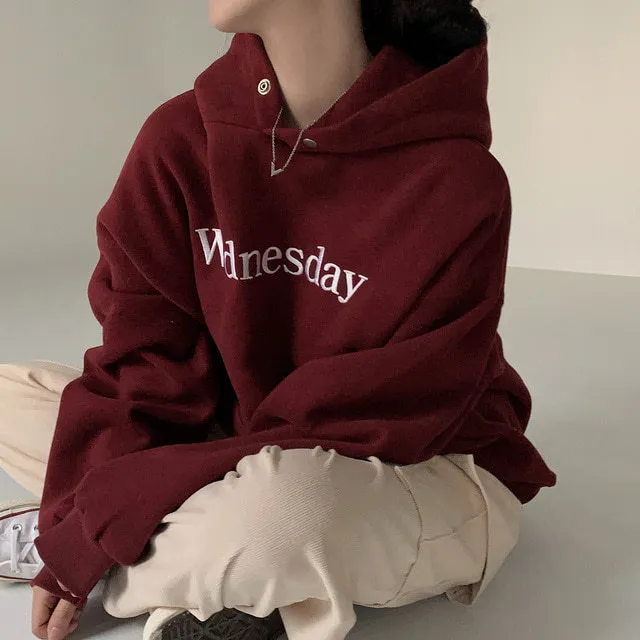 South Korea Chic Winter Student Loose Embroidery Hooded Fleece Lined Sweater Red - Shop at LoveMi