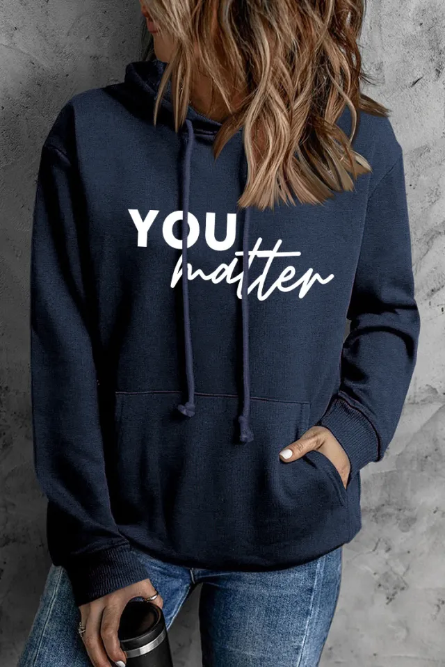 Front And Back Letters Women's Printed Wear Hooded Pocket Pullover Sports Long Sleeve Blue - Shop at LoveMi