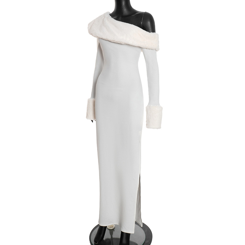 asymmetric neckline maxi dress in white with fitted waist and smooth drape, minimalist party styling with pearls and heels